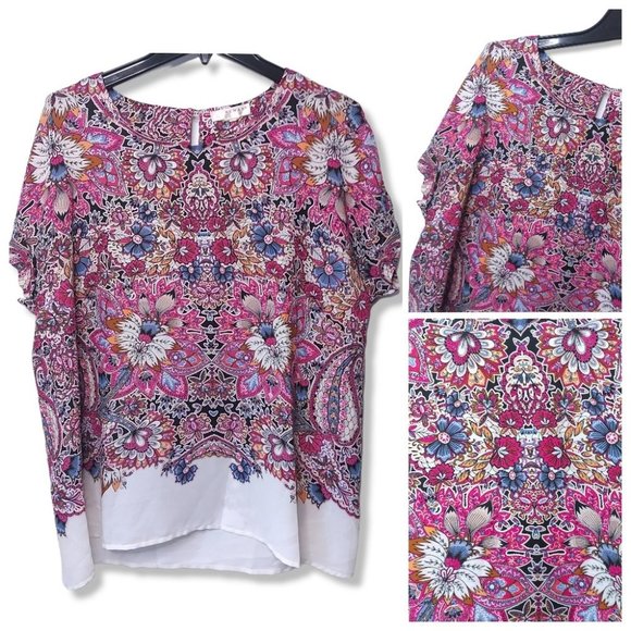 Kenar Tops - 𝅺KENAR Purple Camel Lilac White Floral Paisley Chiffon Blouse